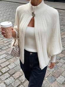 Women's Knitted Long Sleeve Cardigan, Stand Collar Design, Gold Button Detail, Suitable For Autumn Wear - Beige - View 8
