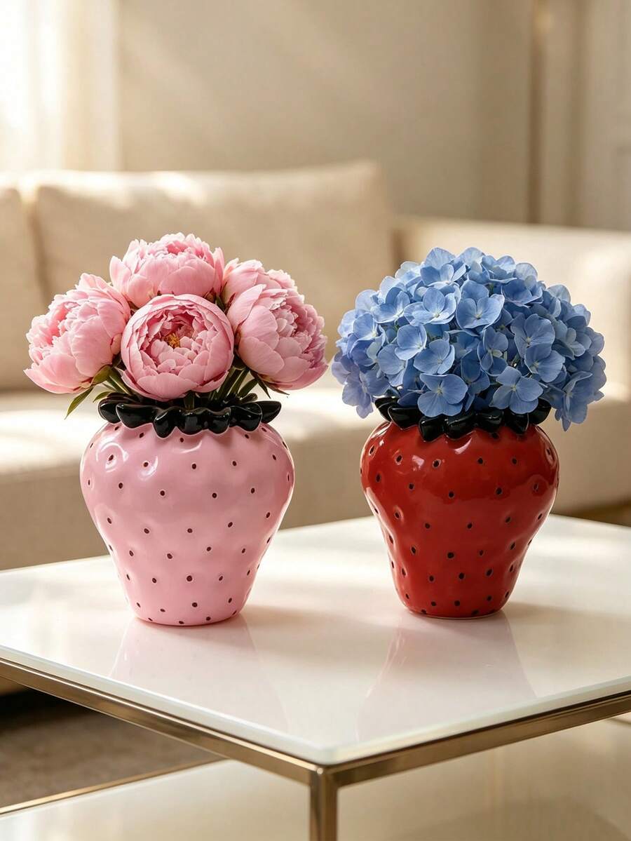 1Pc Creative Strawberry Resin Vase - Fruit Shape Flower Vase For Living Room & Desk, Cute Home Decor | Home Decor, Room Decor, Boho Decor, Desk Decor, Cute Collectible, Unique Gift - New Arrival - Strawberry Combo - View 1