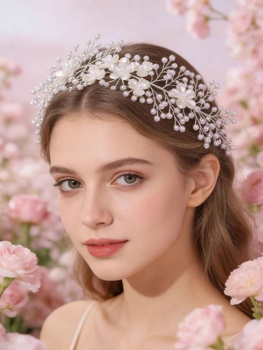 1件高級精緻奢華花卉髮箍，珍珠新娘婚禮飾品，公主仙女風新娘清新髮飾髮箍 - 63456 - 查看 1