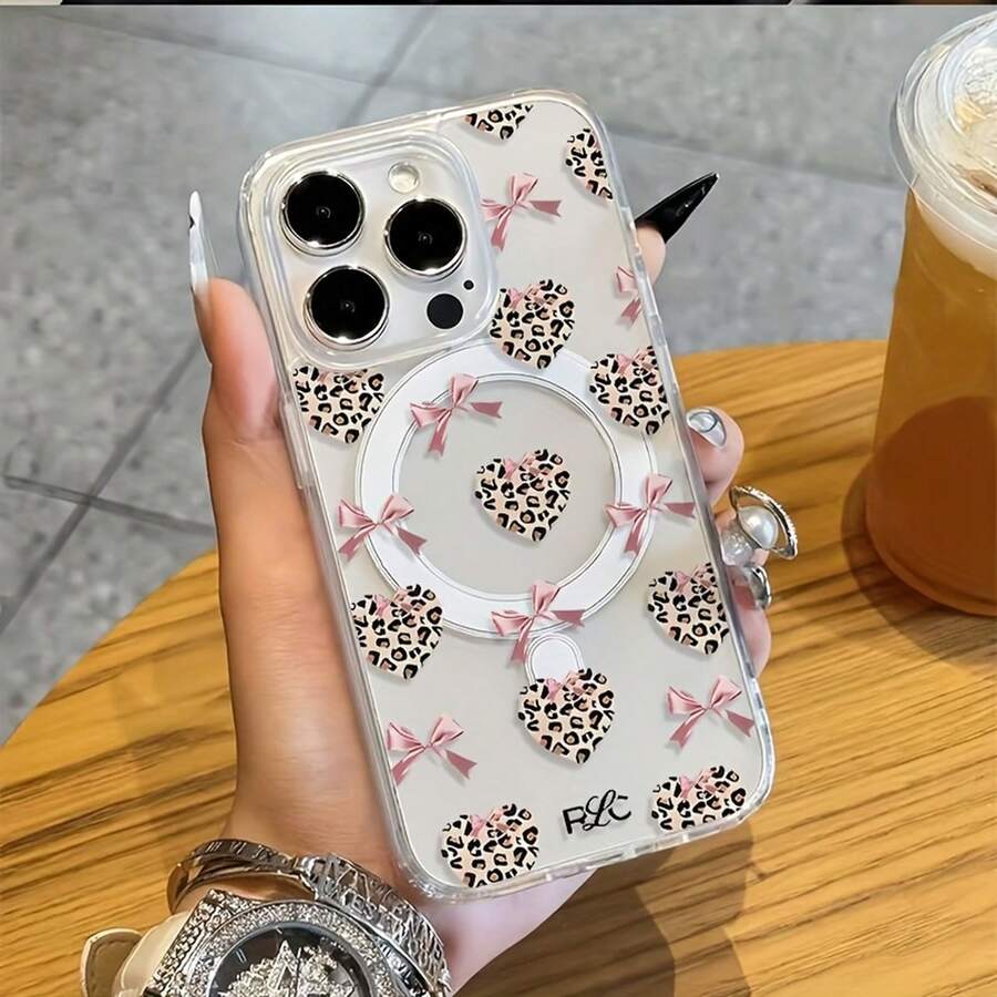 [24h Shipping From DE/FR/ES]Apple 11- 17 Phone Case - Leopard Print Case, Heart Bow, Supports Wireless Charging, Shockproof, Soft Magnetic Skin-Friendly Case, Suitable For IPhone 16 Pro Max, 15, 14 Plus, 13, 12, 11, Protective Case, Christmas Gift, New Year's Gift, Easter Gift - Clear - View 1