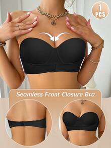 Women's Bandeau Front-Closure Push-Up Bra, Comfortable Breathable Perforated Mesh Fabric, Non-Slip Support, Convenient Front-Closure Design - Black - View 3