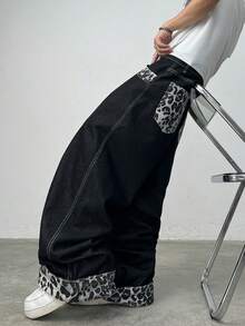 Justice Brother 1pc American Streetwear Brand Personalized Design Patchwork Leopard Print Men's Denim Jeans All Season Wide Leg Loose Fashion Versatile Long Pants (Belt/Accessories Not Included) - Black - View 3