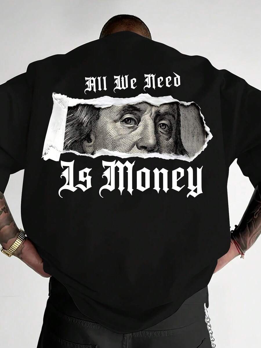 Doppelseitig bedrucktes Franklin "We Just Need Money"-T-Shirt mit Rundhalsausschnitt und kurzen Ärmeln, bequemes und atmungsaktives Material, lässig-sportlicher Stil, - Schwarz - Übersicht 1