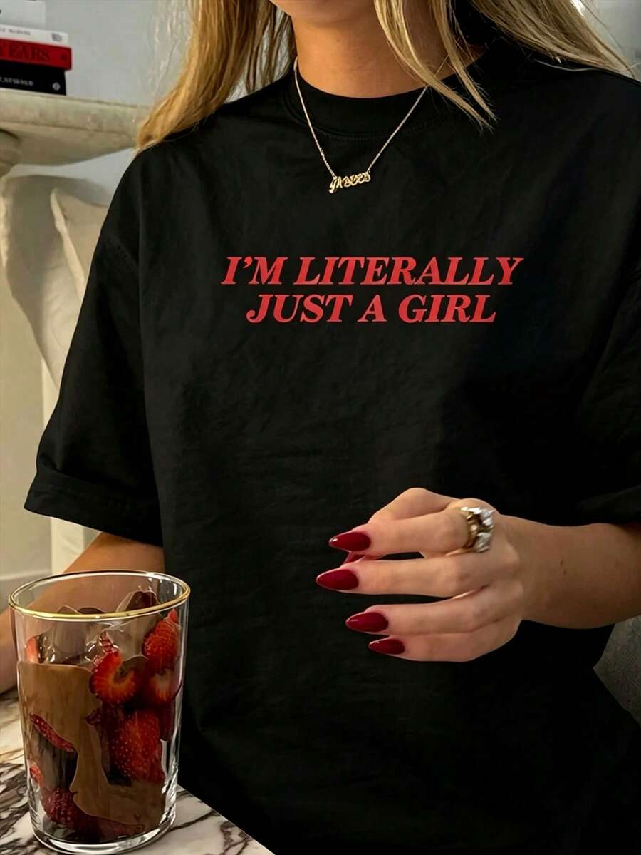 Women's Vintage Print T-Shirt - "I'm Just A" Letter Pattern, White Background Red Text Short Sleeve Summer Casual Top, Fashionable & Fun Design - Black - View 1