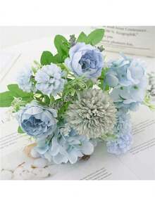 1 Bundle Of Simulated Peony Hydrangea Chrysanthemum Bundle - Suitable For Weddings, Home Decoration, Desktop Ornaments, School Season Gifts, Graduation Ceremony Gifts, Autumn Decoration - Baby Blue - View 4