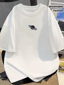 Minimal Tech Women's Oversized Cotton Crew Neck Tee, Saturn Star Texture Print Breathable Summer Top.Fast Local Delivery - 白色 - 查看 9