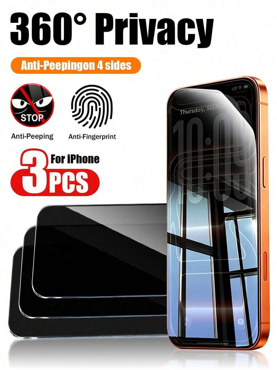 Yezodawee 3片裝 360°隱私螢幕保護貼,鋼化玻璃防偷窺膜,相容 iPhone 18 Pro Max 17 Pro Max/17 Pro/17 Air/17/16 Pro 6.3",全覆蓋頂部底部左右四向隱私防護,相容 Face ID,防刮,全方位防偷窺螢幕保護貼 - Black 3Pcs - 查看 1