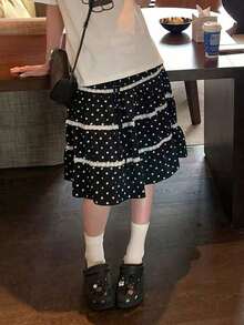 Ruffled Polka Dot Design High Waist Slimming Mid-Length Skirt For Women, Spring/Summer Black - Black - View 2