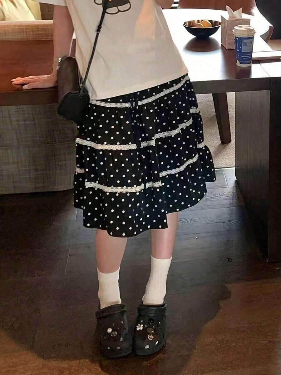 Ruffled Polka Dot Design High Waist Slimming Mid-Length Skirt For Women, Spring/Summer Black