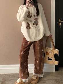 2pcs/Set Women's Crew Neck Loungewear Cute Cartoon Bear Pattern Lace Trim Winter Flannel Long Sleeve Long Pants Pajama Set - Apricot - View 3