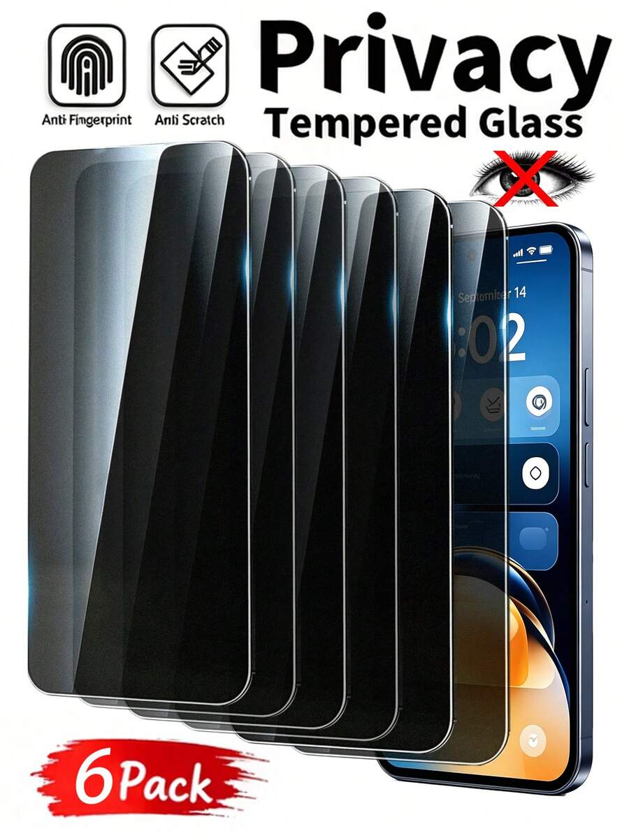 6pcs Privacy Tempered Glass Screen Protector, Full Screen Protection, Anti-Scratch, Effective Anti-Peeping, Protect Screen Information From Leaking, Flat Fit Without Edge Lifting, Compatible With IPhone 17E/17 Pro Max/16 Pro Max/15 Pro Max/14 Pro Max/13 Pro Max/12 Pro Max/11 Pro Max/17 Pro/16 Pro/15/14/13/12/11 And Other Series.