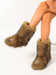 Women's Faux Fur Boots Fuzzy Fluffy Furry Short Snow Boot Funny Claws Toe Mid-Calf Flat Shoes Y2K Warm Comfortable Footwear Outdoor Winter Comfy Brown - Brown - View 4