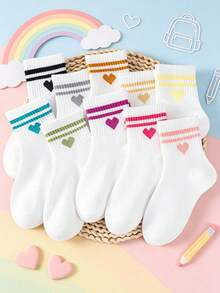 10 Pares de Meias Brancas Aleatórias até a Panturrilha para Crianças, Padrão de Coração Doce & Listras, Meias Casuais Macias para Estudantes - Multicolorido - Visão 10