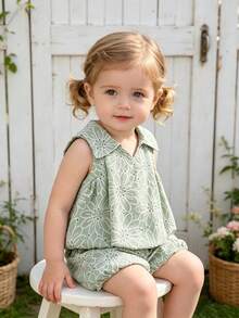 Baby Girl Summer Grass Green Floral Hollow Embroidery Sleeveless Collar Bud Set Pants - Green - View 2