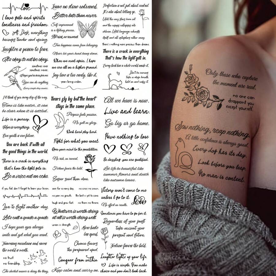 FTVLTAT Realistic Temporary Tattoo Set - 10 Sheets With Over 100 Designs And Phrases For Fingers, Wrists, Ears, And Small Areas - Durable And Long-Lasting Body Art Tattoo Stickers - Multicolor - View 1