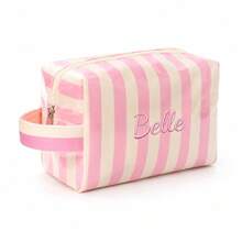 Personalized Striped Makeup Bag With Handle, Large Capacity Cosmetic Organizer, Toiletry Storage Pouch, Zipper Closure Travel Wash Bag, For Daily Use - Multicolor - View 12