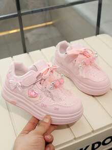 1 Pair Lace Hook And Loop Sports Casual Shoes For Girls, Pink Skate Shoes, Spring/Autumn Style - Pink - View 6