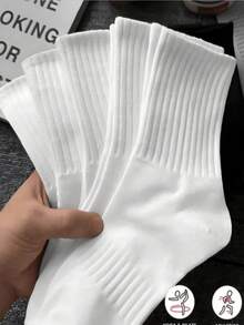 1/3/5/8/10/15/20 Pairs Solid Color Casual Couple Sports Yoga Ribbed Mid-Calf Socks, All Season, Autumn - White - View 1