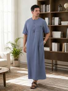 Men's Solid Color Short Sleeve Pocket Detail Crew Neck Casual Daily Style Long Robe - Dusty Blue - View 2