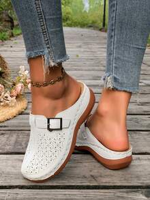 New Women's Thick Sole Platform Wedge Sandals With Buckle Hollow Design Solid Color Beach - White - View 4