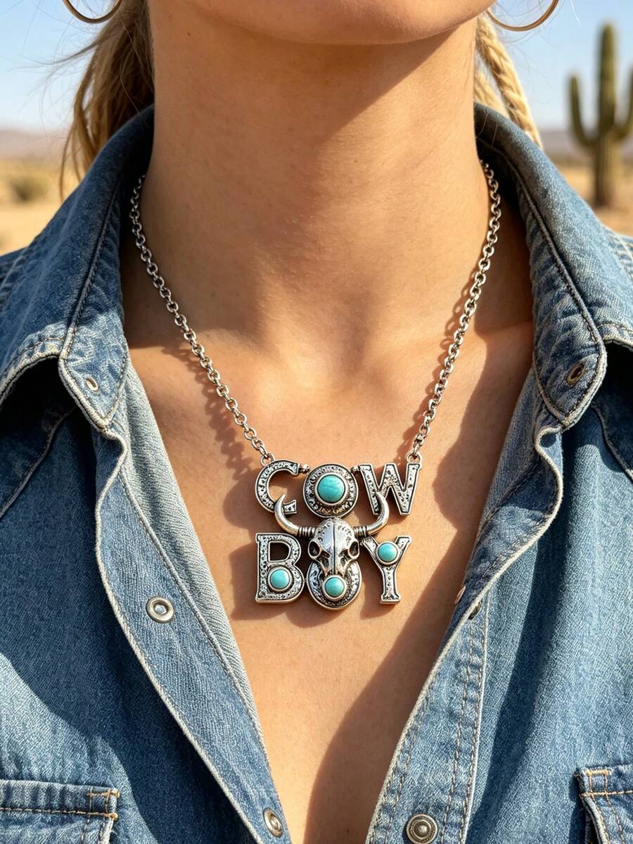 Vintage Western Cowboy Bull Head Turquoise Letter Long Necklace COWBOY Heavy-Duty Distressed Silver Pendant, Multiple Colors Available, American Country Music Festival Hot Girl Outfit Accessory, Outdoor Camping Road Trip Holiday Gift Jewelry - Western Cowboy - View 1