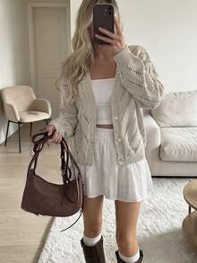 Women Autumn Casual Vintage Hollow Knitted Cardigan Top Back To SchoolSweater, With A Simple And Casual Style Suitable For Vacation And Date Wear. - Camel - View 3