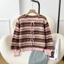 Tween Girls Striped Knit Sweater, Cute Bow Front Long Sleeve Pullover, Soft Comfortable Casual Top, Suitable For Autumn/Winter Campus Wear - Pink - View 1