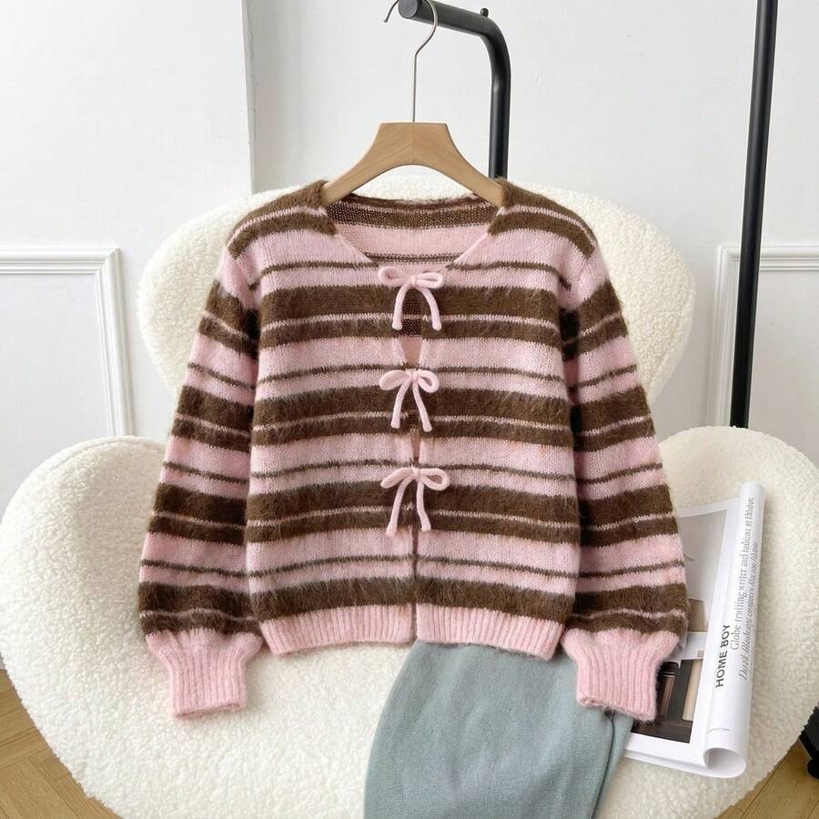Tween Girls Striped Knit Sweater, Cute Bow Front Long Sleeve Pullover, Soft Comfortable Casual Top, Suitable For Autumn/Winter Campus Wear - Pink - View 1