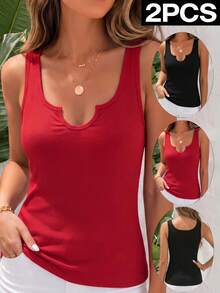 2PCS Atasan Tank Tanpa Lengan Rajut Rib Elastis Wanita, Pakaian Sehari-hari untuk Perjalanan, Liburan, dan Musim Panas - MultiWarna - View 2