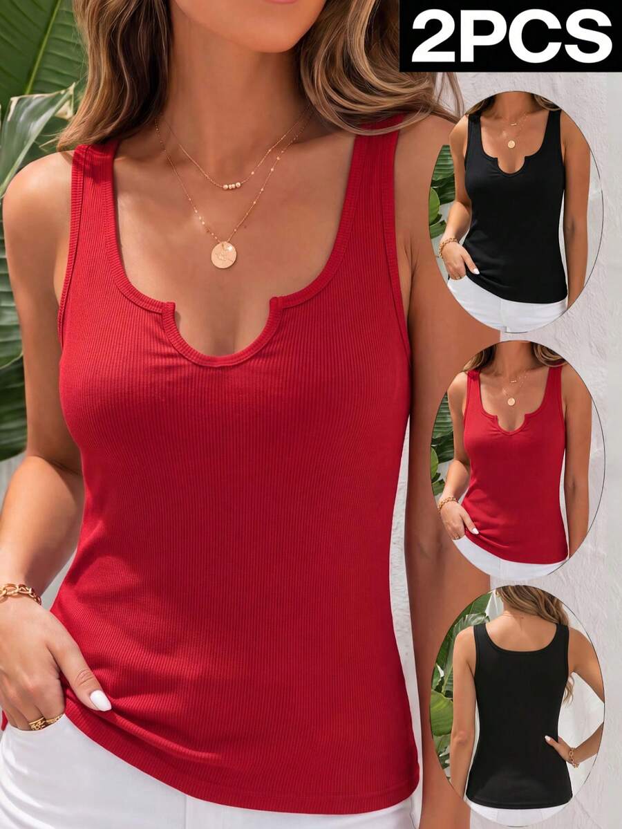2PCS Atasan Tank Tanpa Lengan Rajut Rib Elastis Wanita, Pakaian Sehari-hari untuk Perjalanan, Liburan, dan Musim Panas