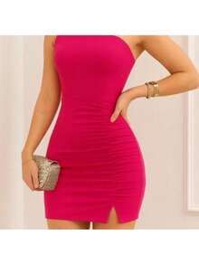 Women's Short Bodycon Dress With One-Shoulder Neckline And Pleated Tank Top - Rose Red - View 2