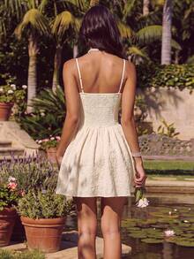 ADYCE Elegantes kurzes figurbetontes Kleid mit V-Ausschnitt, breiten Trägern, geraffter Taille und rückenfreiem Design, Sommerpartykleid, Herbsthochzeitskleid - Aprikosenfarben - Übersicht 2
