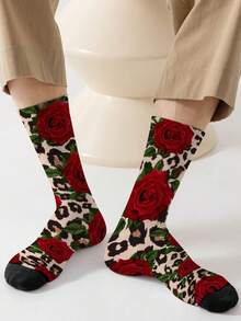1 Pair Leopard & Red Floral Pattern 360° All-Over Print Fashion Novelty Socks - Multicolor - View 5