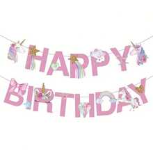 Unicorn Theme Happy Birthday Banner, Suitable For Birthday Party Decorations, Gifts, And Supplies - Pink - View 1