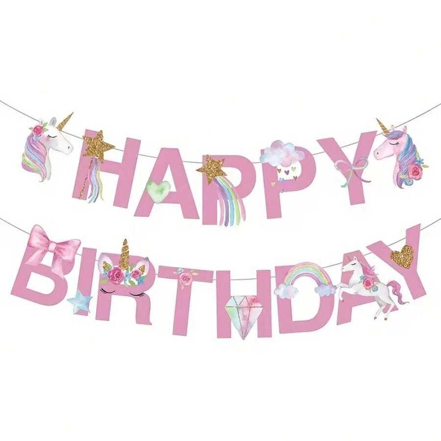 Unicorn Theme Happy Birthday Banner, Suitable For Birthday Party Decorations, Gifts, And Supplies - Pink - View 1