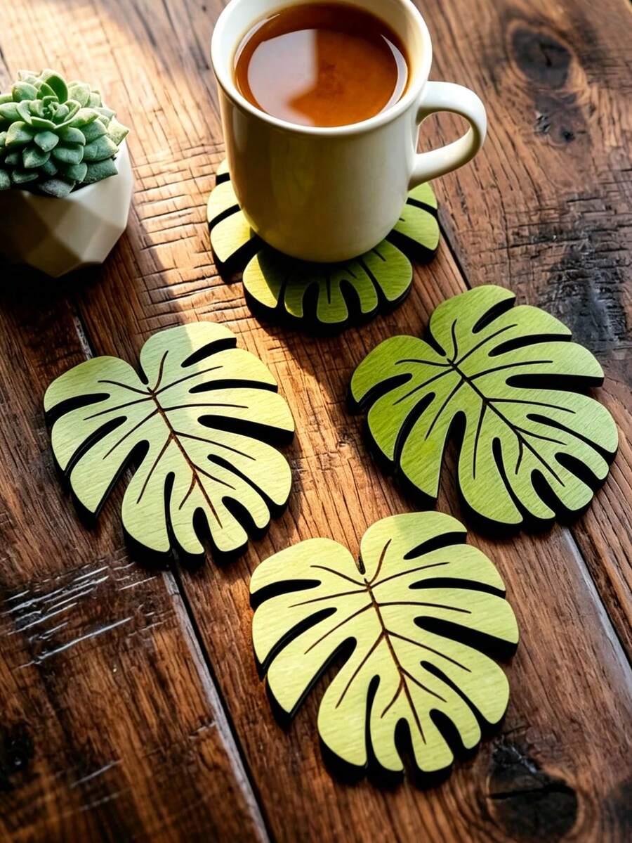 Tropical Monstera Leaf Shaped Wooden Beverage Coaster, Green Plant Outline Heat-Resistant Coaster, Suitable For Farmhouse Style Coffee Table Home Decor - View 1
