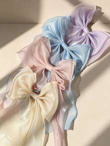 4pcs Sweet Party College Style Fairy-Like Bow Ribbon Hair Clips, Blue Mermaid Tulle Top Clip, Elegant Mesh Duckbill Hair Accessory - Multicolor - View 5
