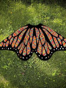 Butterfly Cape Knit Cardigan, Contrast Color Crochet Design, Loose Batwing Sleeves, Spring/Autumn Atmosphere Outerwear Sweater Jacket - Multicolor 6 - View 3