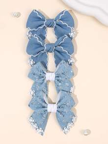 4pcs/2pcs Blue Minimalist Bow Hair Clips, Denim Fabric Floral Print, Glitter Sequin Hair Clips, Hair Accessories Gift For Kids And Teenagers For Kids Daily School Wear - Multicolor - View 4