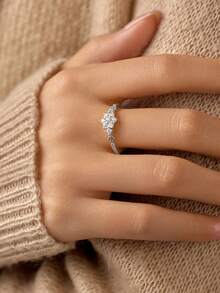 BALMORA 1 pieza Anillo mini de plata de ley S925 vintage de lujo elegante de moda con circonita de copo de nieve chapado en oro, regalo de joyería para mujer para uso diario y fiestas - Plateado - Ver 4