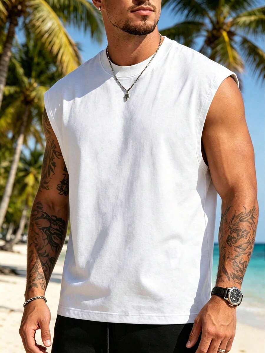 男士夏季休閒圓領背心,修身顯瘦、清新活力白色 - 白色 - 查看 1