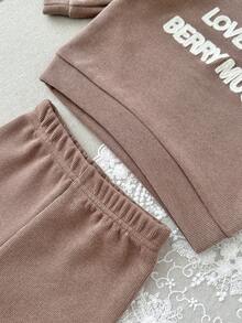 2Pcs/Set Infant Letter Embroidery Crew Neck Long Sleeve Sweatshirt & Knee Pad Leggings Set, Baby Versatile Casual Outfit - Apricot - View 10
