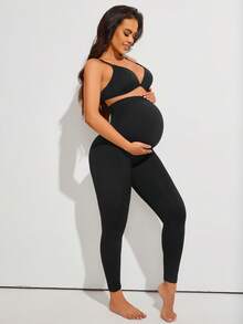 Women's Maternity Solid Color High Waist Seamless Leggings Vacation Black - Black - View 5