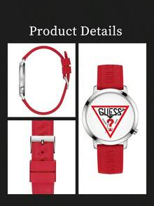GUESS 銀色錶殼極簡腕錶，復古紅色三角 Logo 印花錶盤、壓紋 Logo 軟矽膠錶帶，時尚日常石英手錶 - 紅色 - 查看 6