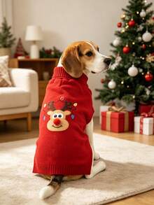 1pc Cute Christmas Reindeer Pet Sweater, Soft, Warm And Comfortable, Suitable For Medium To Large Dogs, Thick Knitted Turtleneck Design, Elastic And Warm, Ideal Winter Outfit For Labrador, Rottweiler, Beagle Puppies And More - Holiday Red - Red - View 8