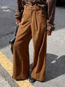 Women's Solid Color Pocket Button Casual Versatile Daily Travel Long Pants - Coffee Brown - View 2