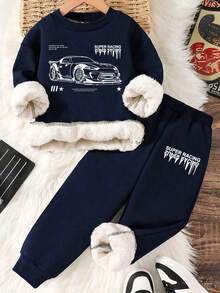 Boys' Car Print Warm Crew Neck Sweatshirt And Sweatpants - Royal Blue - View 1