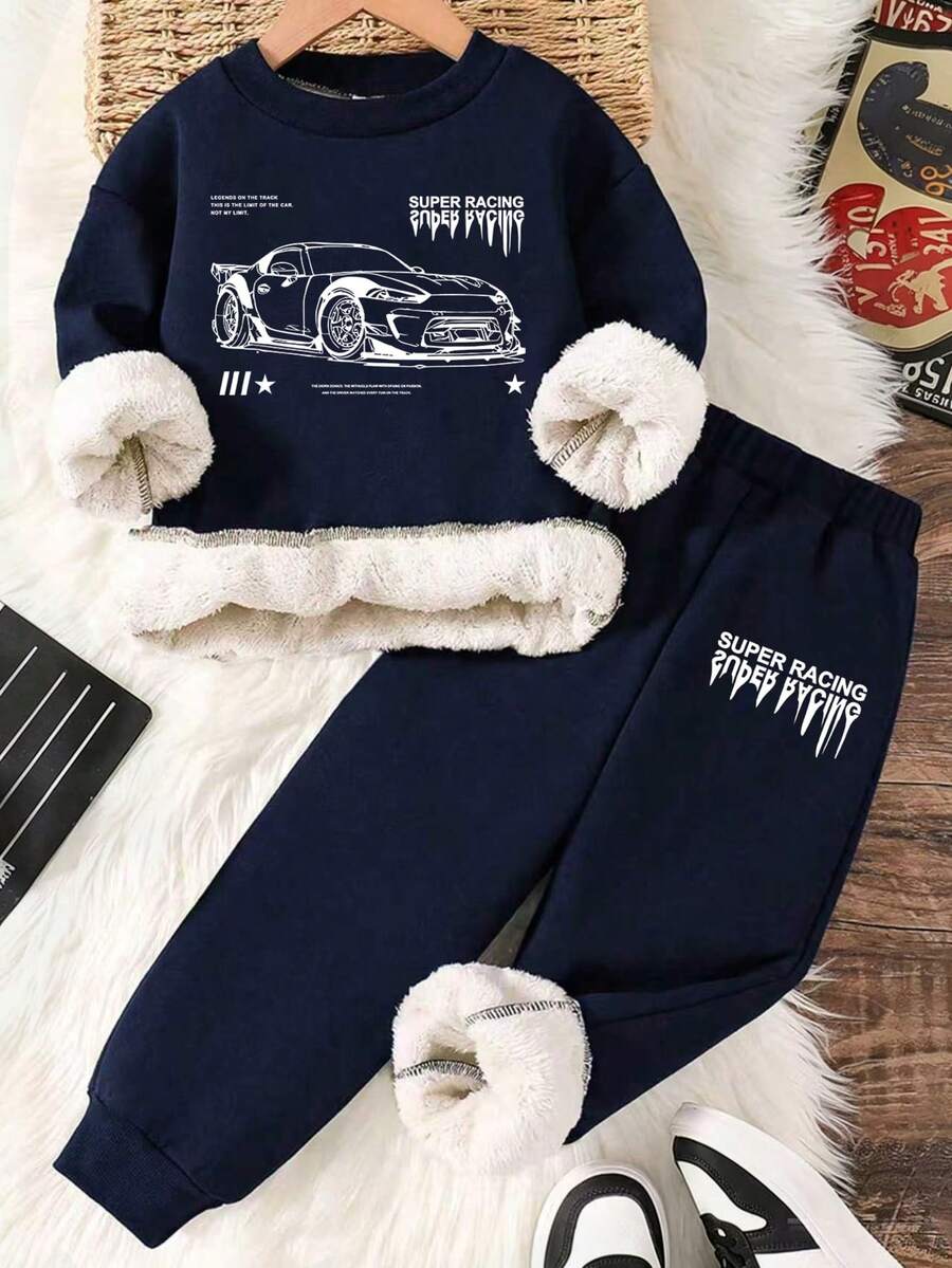 Boys' Car Print Warm Crew Neck Sweatshirt And Sweatpants - Royal Blue - View 1
