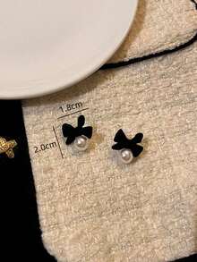 1 Pair Sweet Fashion Black Velvet Bow Pearl Stud Earrings Suitable For Women's Daily, Holiday, Banquet Wear - Black - View 4