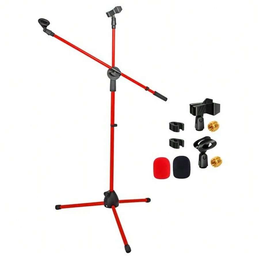 5 Core Mic Stand Floor Height Adjustable Tripod Microphone Stands W Extending Telescoping Boom Arm - MS DBL G - Red - View 1